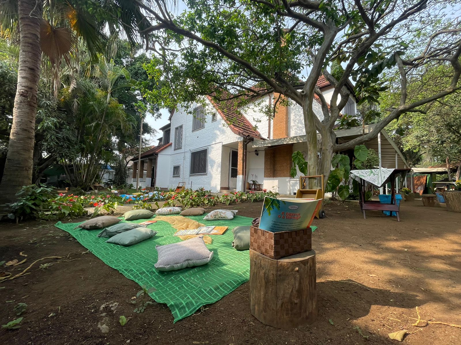 Tapete de leitura com almofadas e livros no quintal, em frente à casa da escola