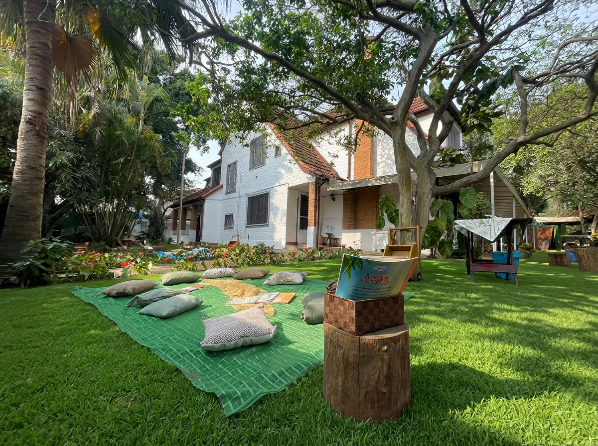 Crianças brincando no quintal da escola, entre bananeiras e área verde